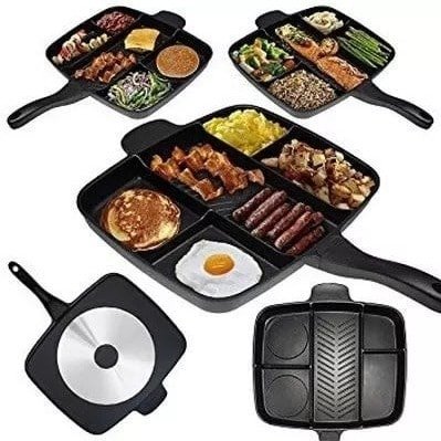 Cook eggs, meat, pancakes and vegetables together in one non-stick pan. Five separate sections make complete meals easier with less cleanup.